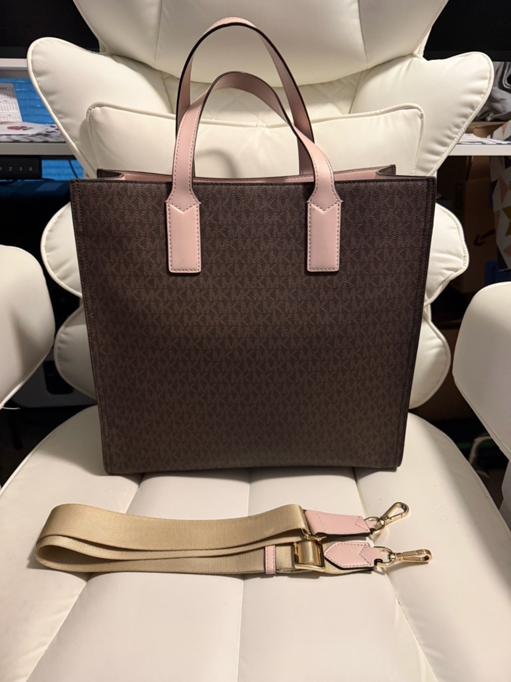Michael Kors Brown Logo Tote with Pink Trim and Beige Strap